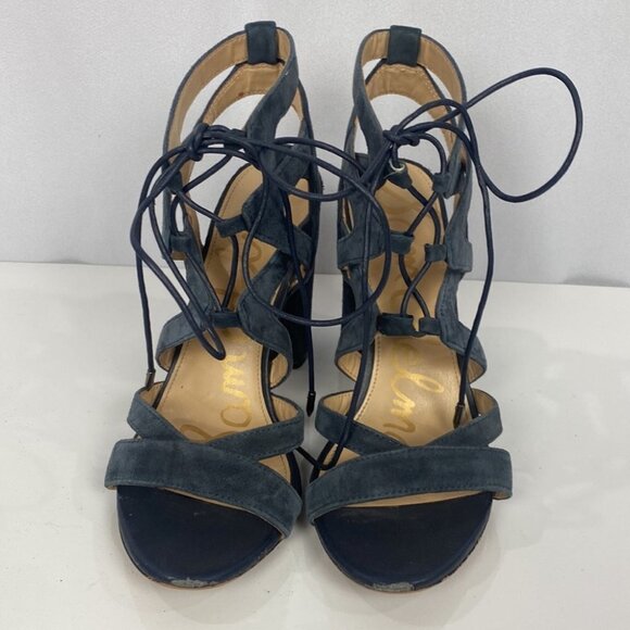 SAM EDELMAN Yardley Inky Black Blue SUEDE Strappy Lace-Up Block Heel - Size 7.5 - Picture 3 of 12